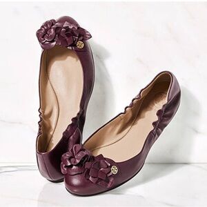Tory Burch burgundy flower scrunch ballet flat